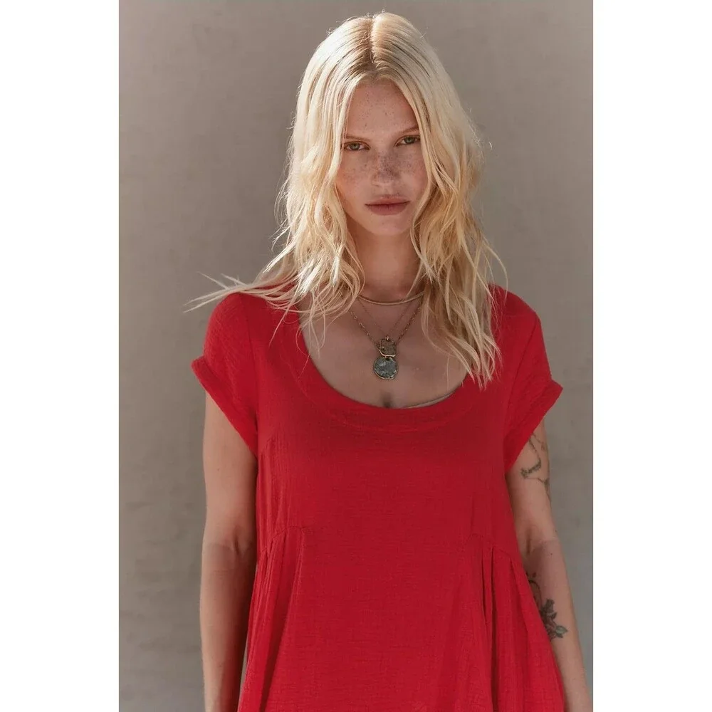 Free People Free-Est Blaine Midi Dress Cap Sleeve Fiery Red Scoop Neck S 287485